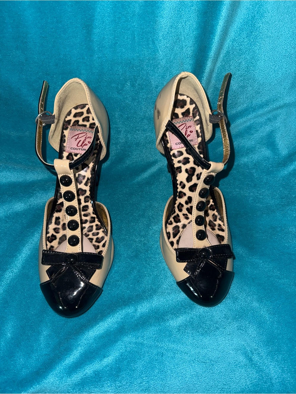 Pinup Couture Cream and Black T-Strap Heels with Bow